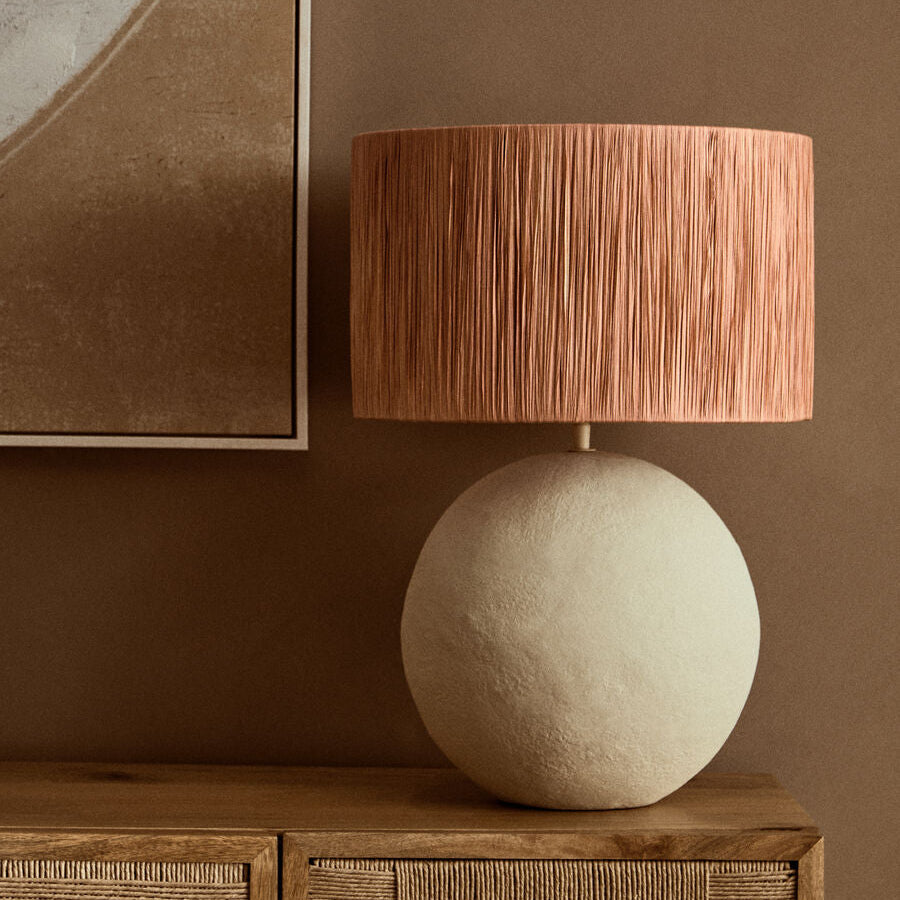 Natural Papier Mache Table Lamp with Rust Raffia Shade
