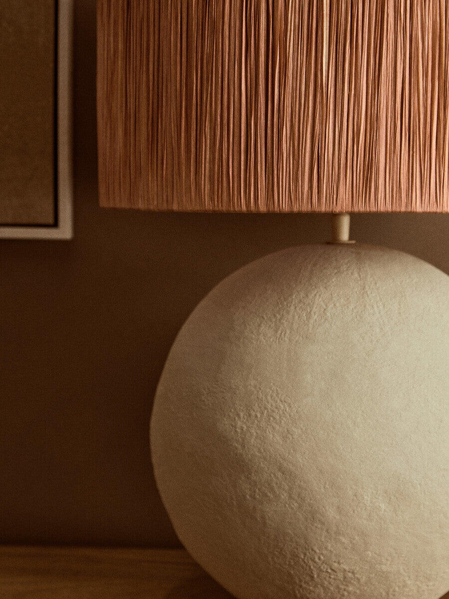 Natural Papier Mache Table Lamp with Rust Raffia Shade