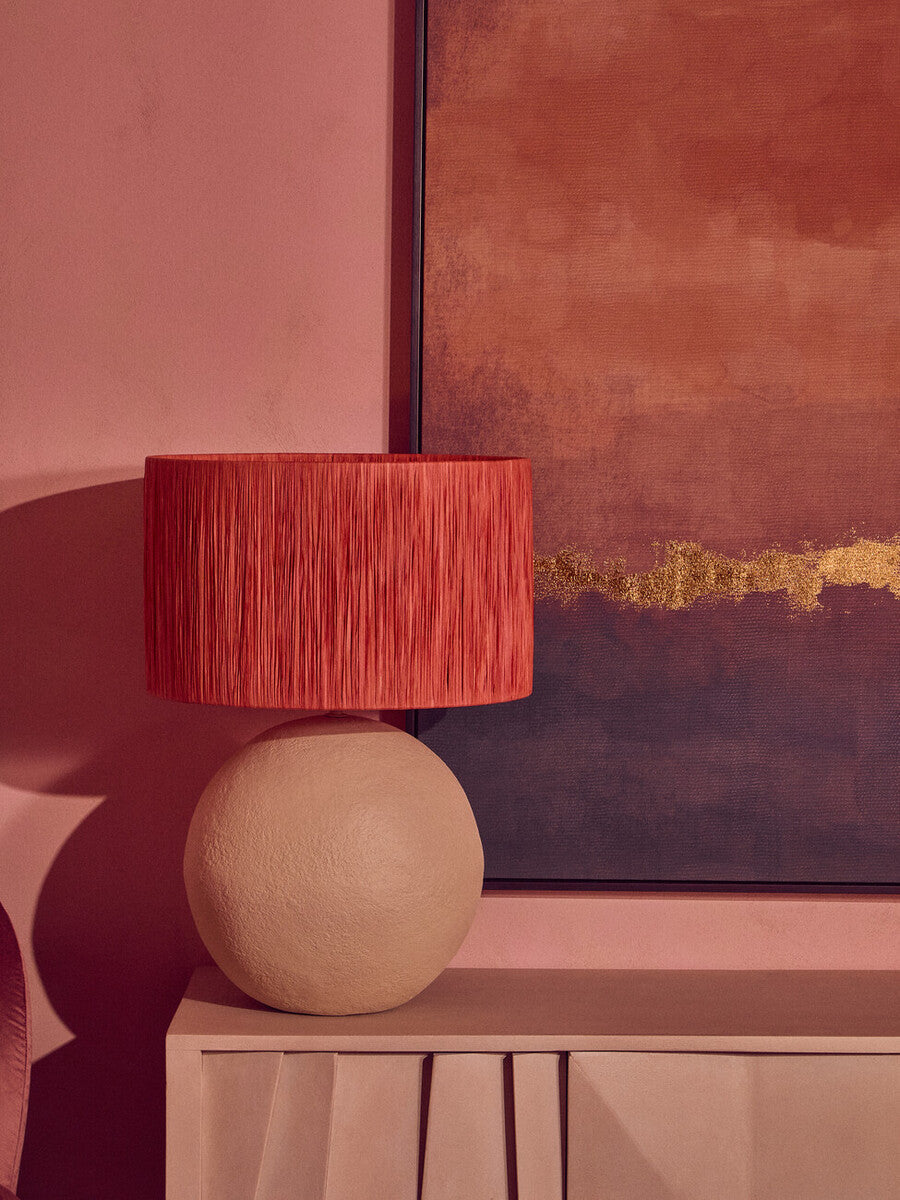 Natural Papier Mache Table Lamp with Rust Raffia Shade