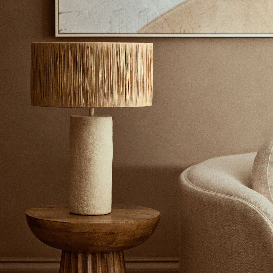 Natural Papier Mache Table Lamp with Natural Raffia Shade
