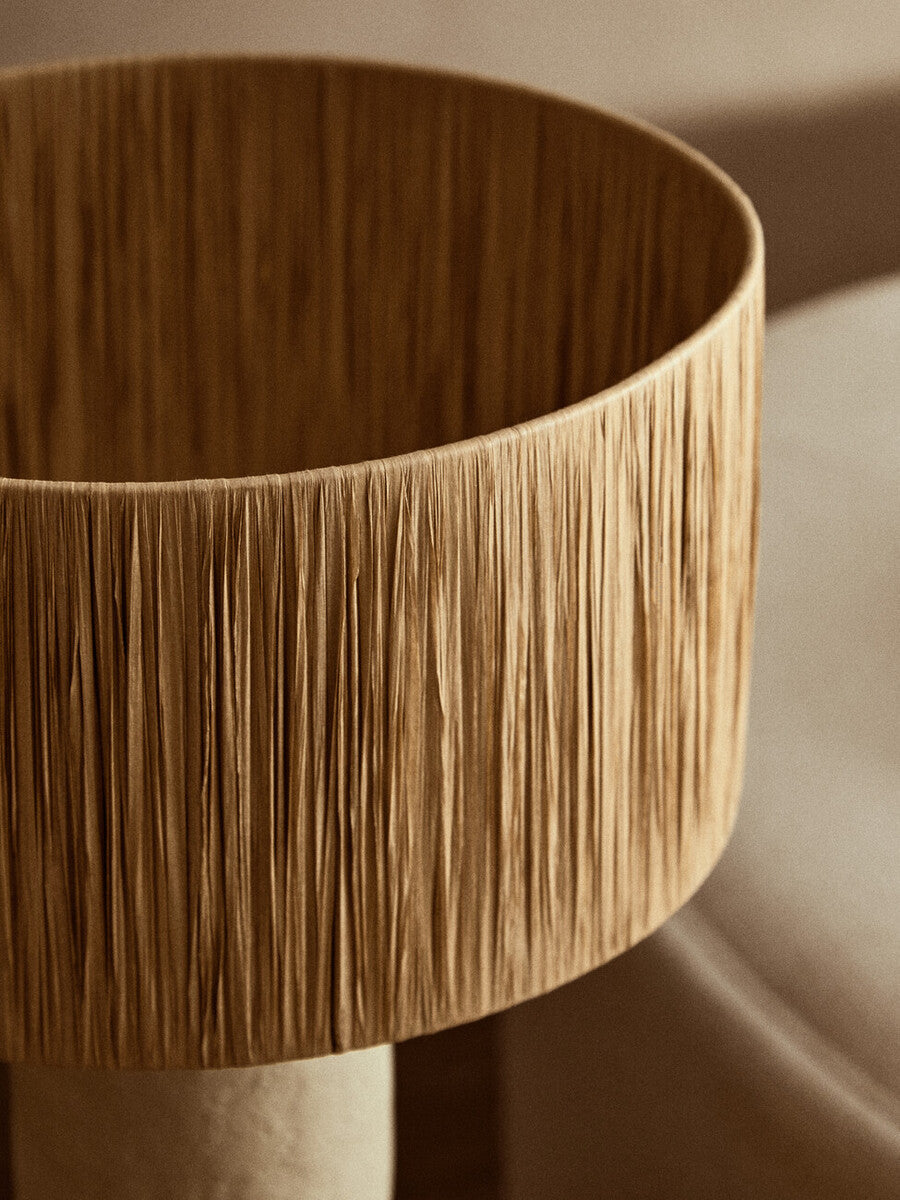 Natural Papier Mache Table Lamp with Natural Raffia Shade