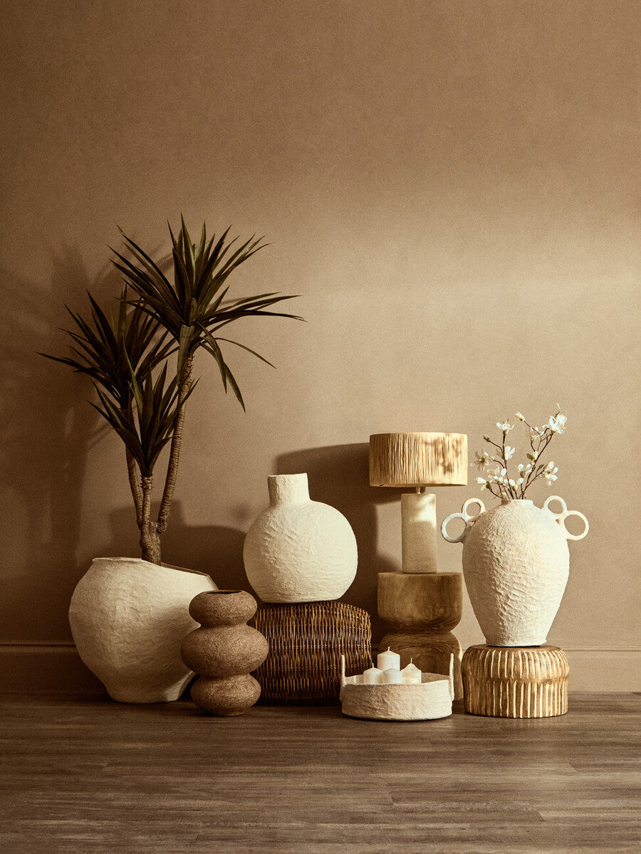 Natural Papier Mache Table Lamp with Natural Raffia Shade