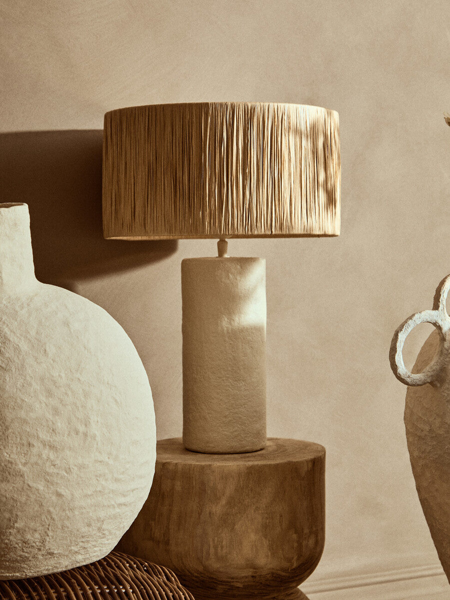 Natural Papier Mache Table Lamp with Natural Raffia Shade