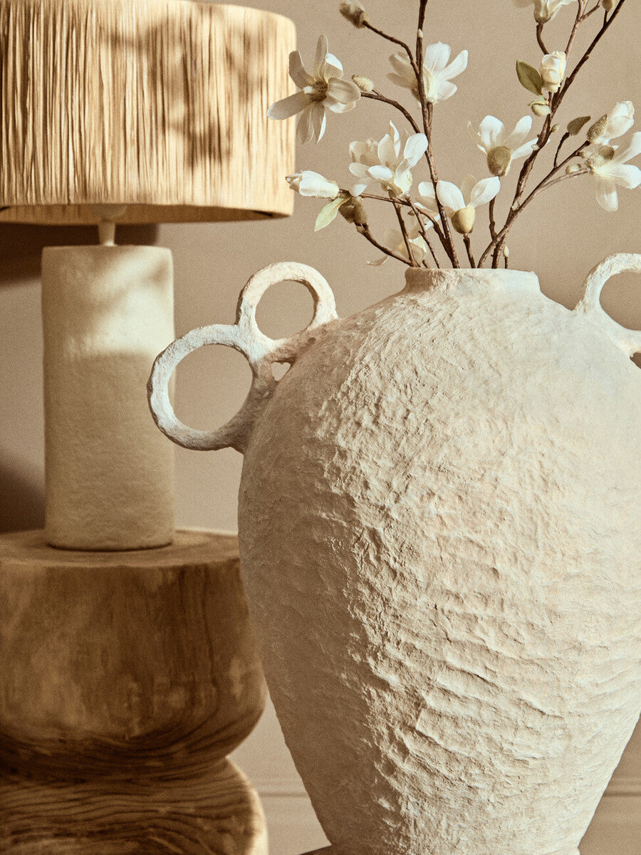 Natural Papier Mache Table Lamp with Natural Raffia Shade