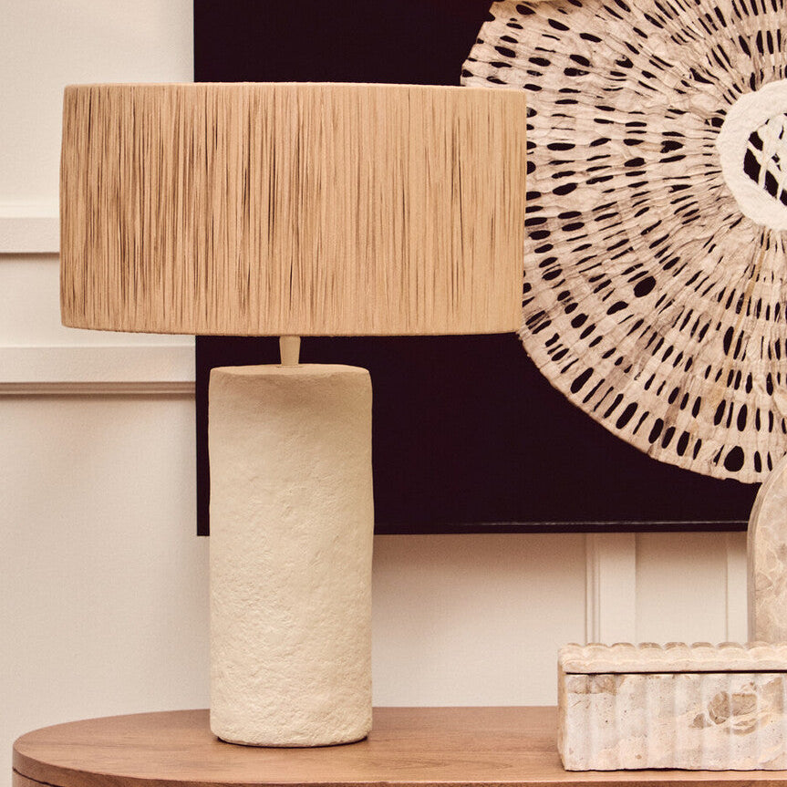 Natural Papier Mache Table Lamp with Natural Raffia Shade