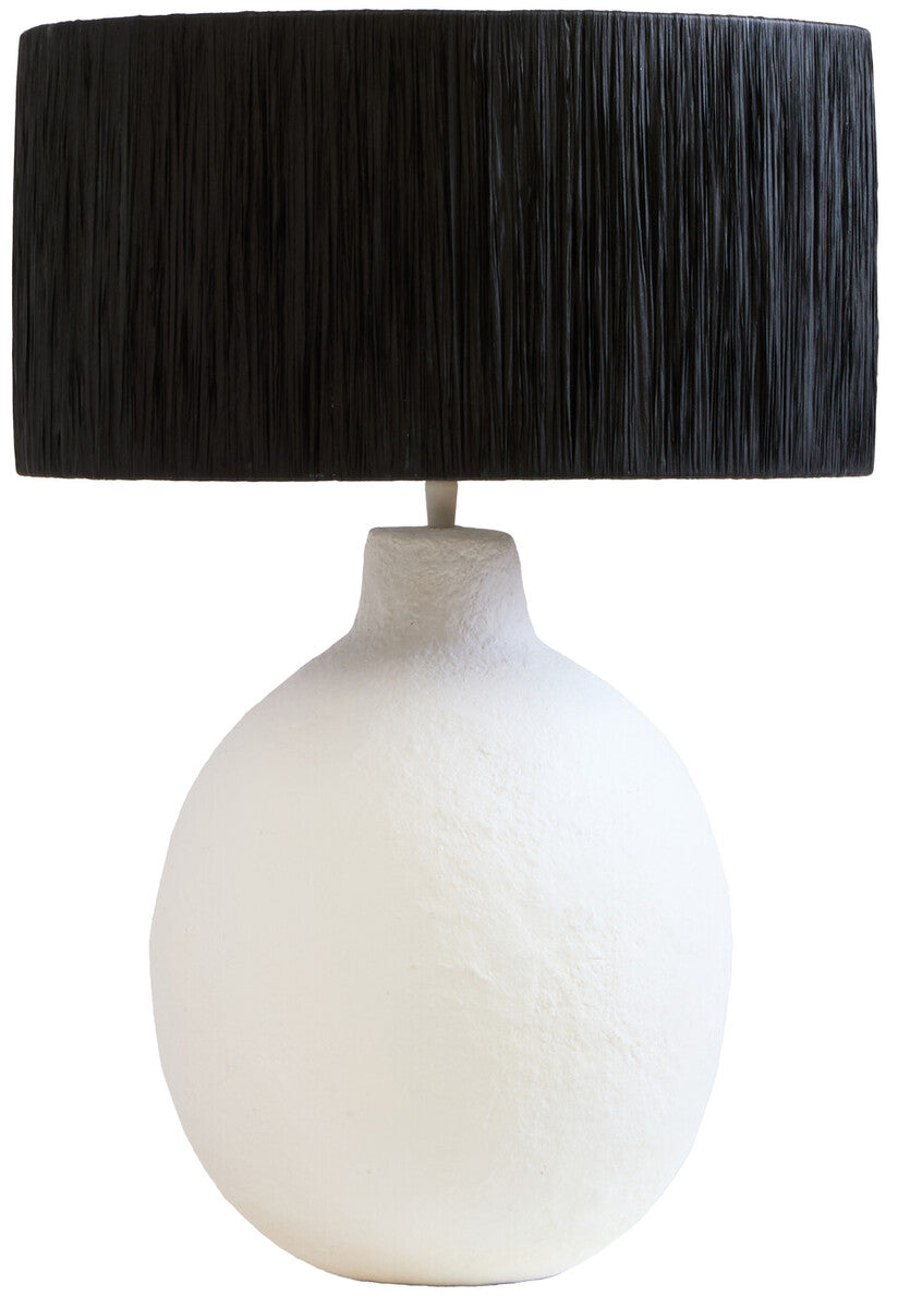 White Papier Mache Table Lamp with Black Raffia Shade