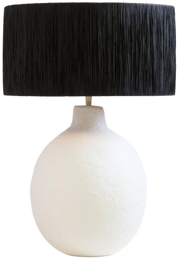 White Papier Mache Table Lamp with Black Raffia Shade