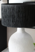 White Papier Mache Table Lamp with Black Raffia Shade