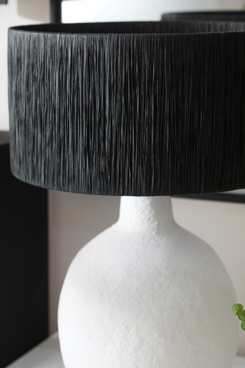 White Papier Mache Table Lamp with Black Raffia Shade