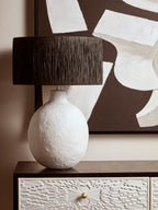 White Papier Mache Table Lamp with Black Raffia Shade