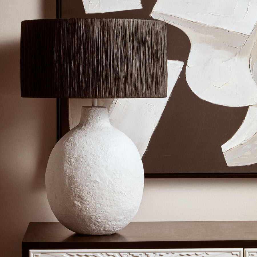 White Papier Mache Table Lamp with Black Raffia Shade