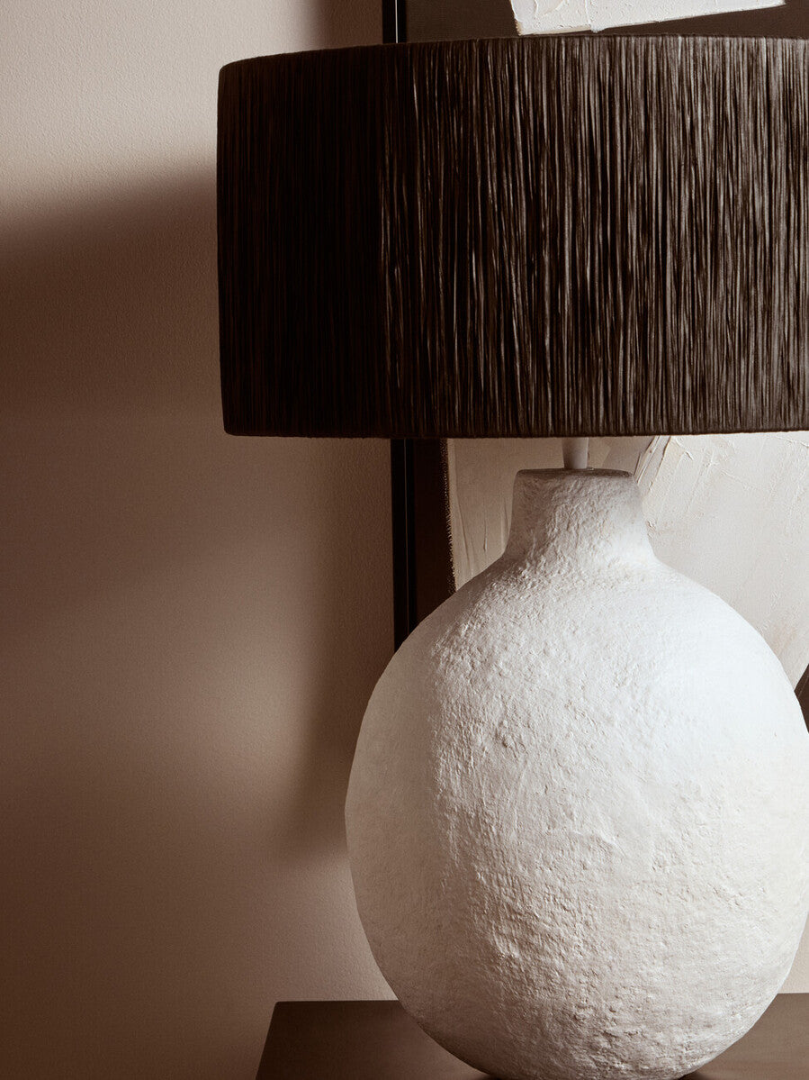 White Papier Mache Table Lamp with Black Raffia Shade