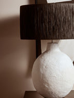 White Papier Mache Table Lamp with Black Raffia Shade