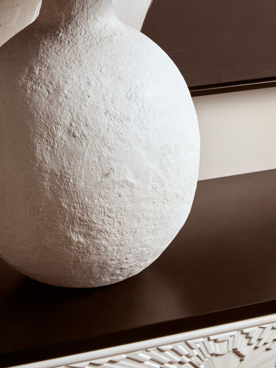 White Papier Mache Table Lamp with Black Raffia Shade