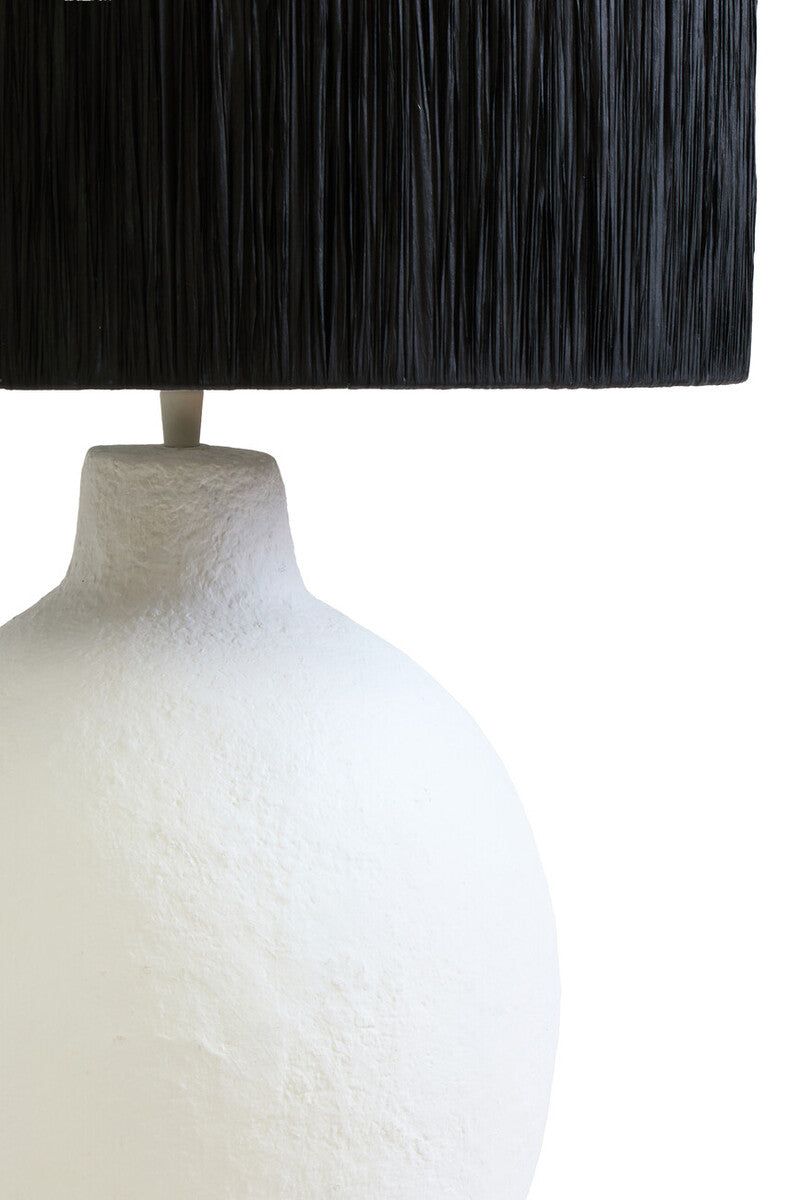 White Papier Mache Table Lamp with Black Raffia Shade