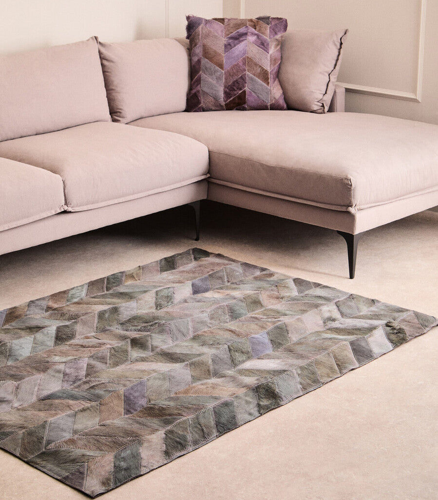 Small Grey Hair on Leather Chevron Patchwork Rug