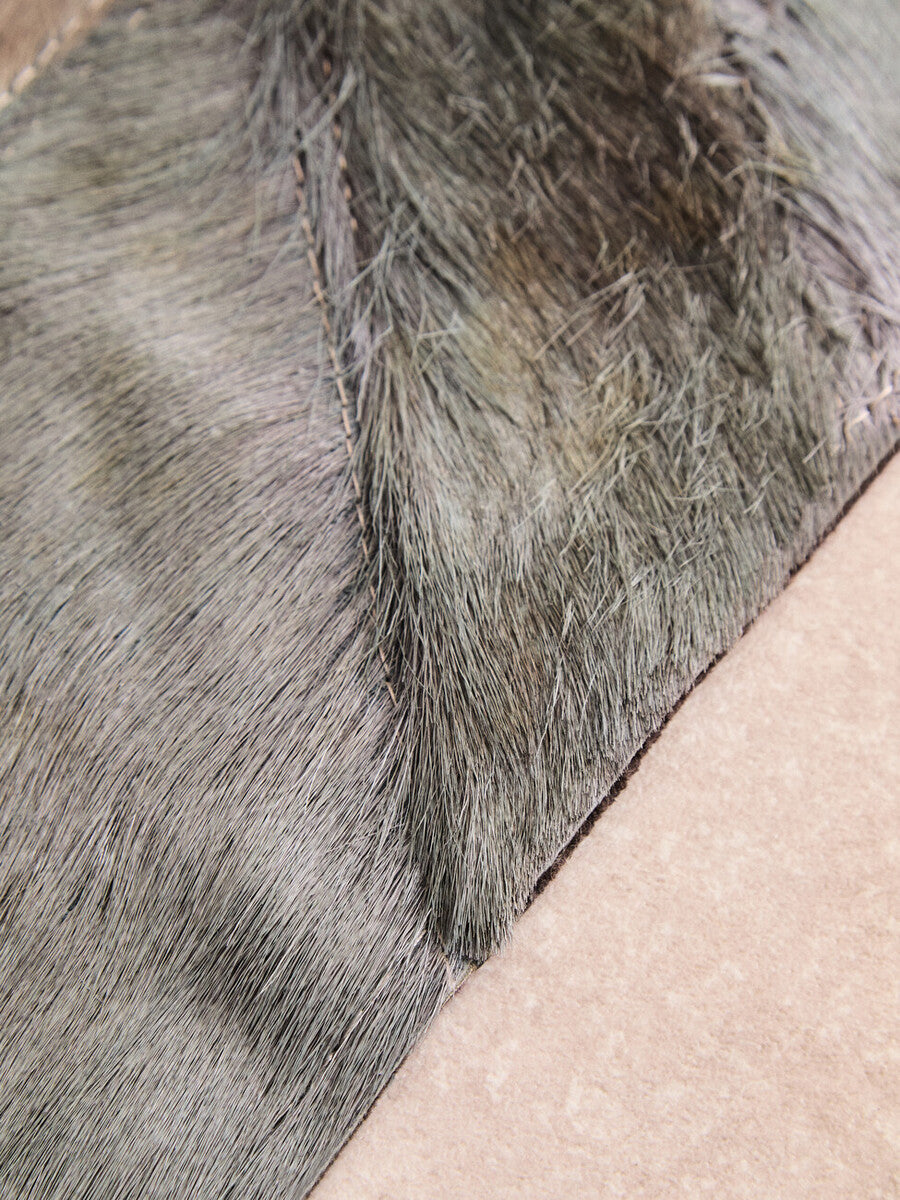 Small Grey Hair on Leather Chevron Patchwork Rug