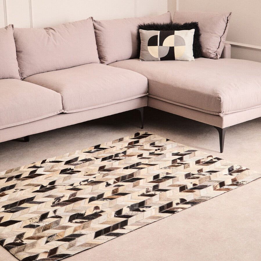 Small Hair on Leather Chevron Patchwork Rug