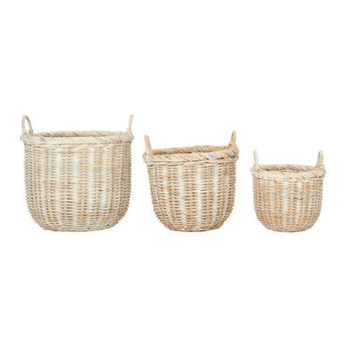 Whitewash Rattan Storage Baskets- Set of 3