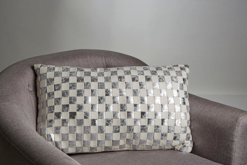 Ivory And Silver Check Rectangular Cushion