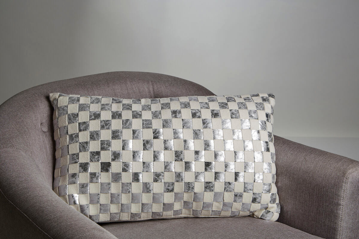 Ivory And Silver Check Rectangular Cushion