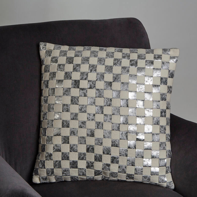 Square Ivory And Silver Check Cushion
