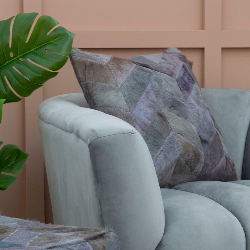 Grey Chevron Hair on Leather Patchwork Cushion