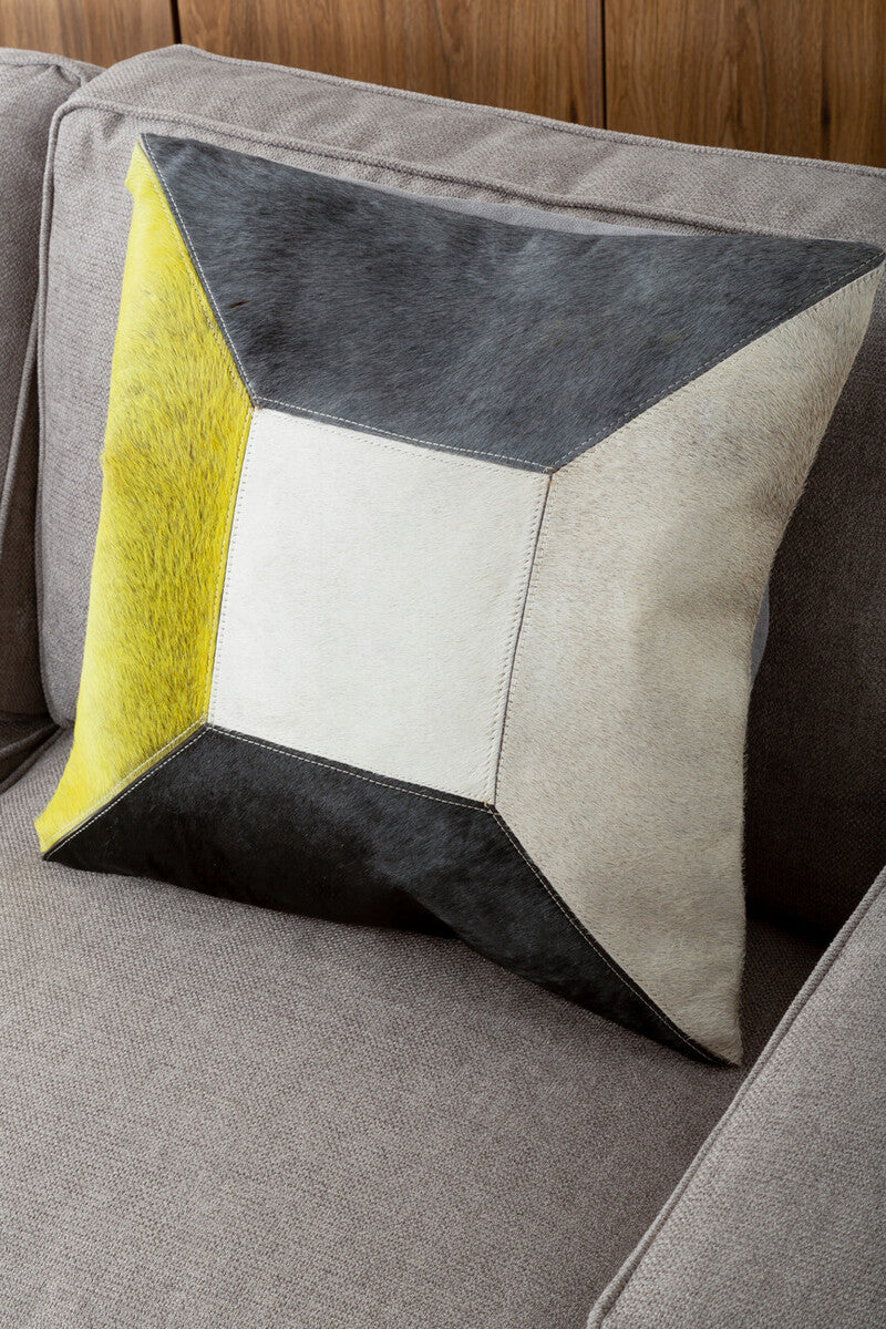 Geometric Hair on Leather Patchwork Cushion
