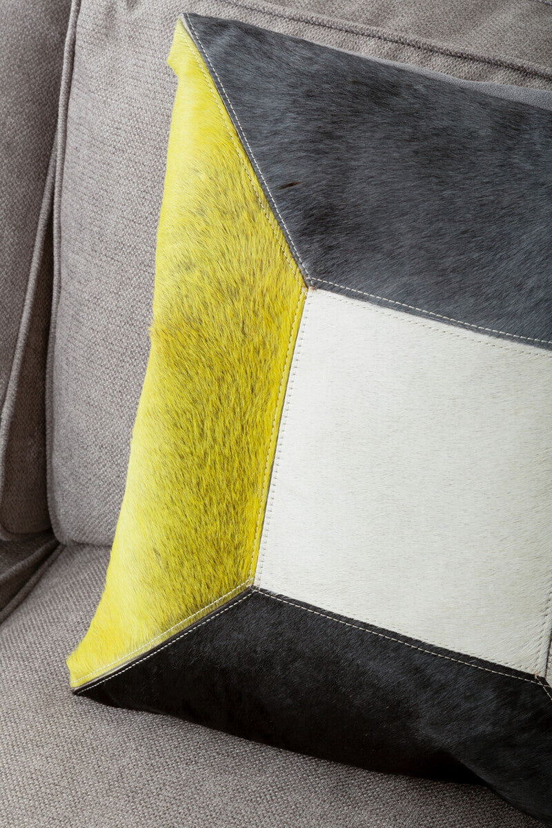 Geometric Hair on Leather Patchwork Cushion