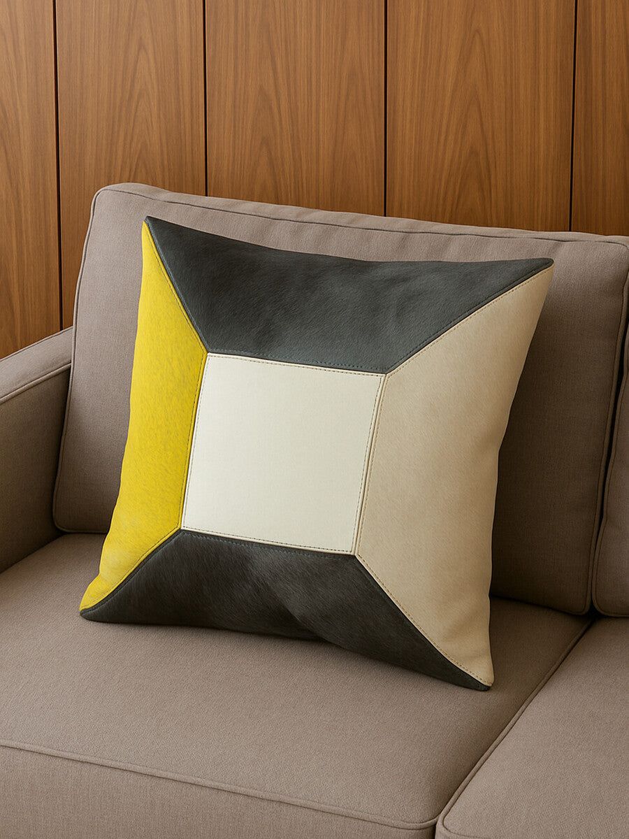 Geometric Hair on Leather Patchwork Cushion