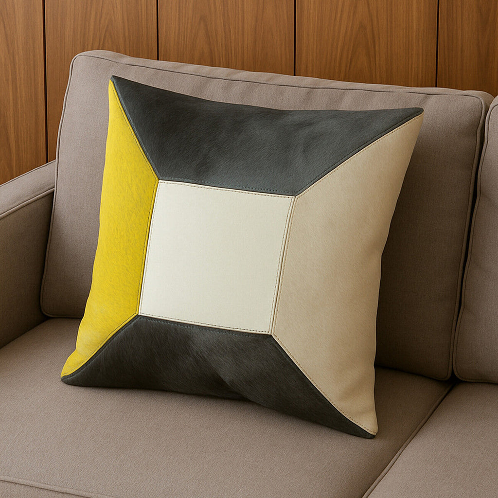 Geometric Hair on Leather Patchwork Cushion