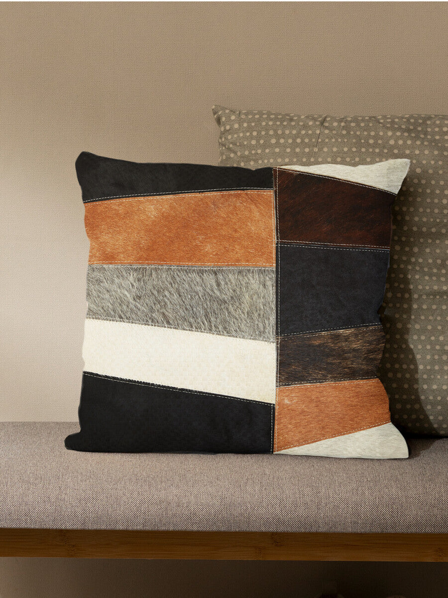 Neutral Colourblock Hair on Leather Patchwork Cushion
