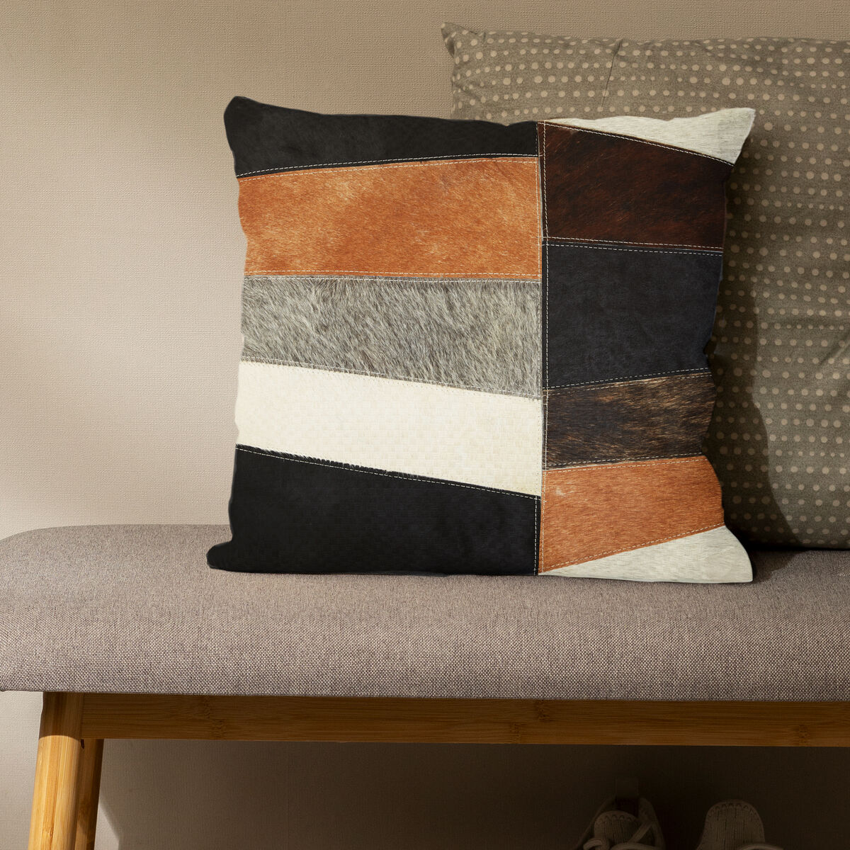 Neutral Colourblock Hair on Leather Patchwork Cushion