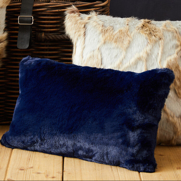 Navy Blue Rectangular Faux Fur Cushion
