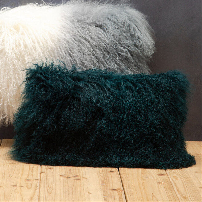 Real Mongolian Fur Teal Rectangular Cushion