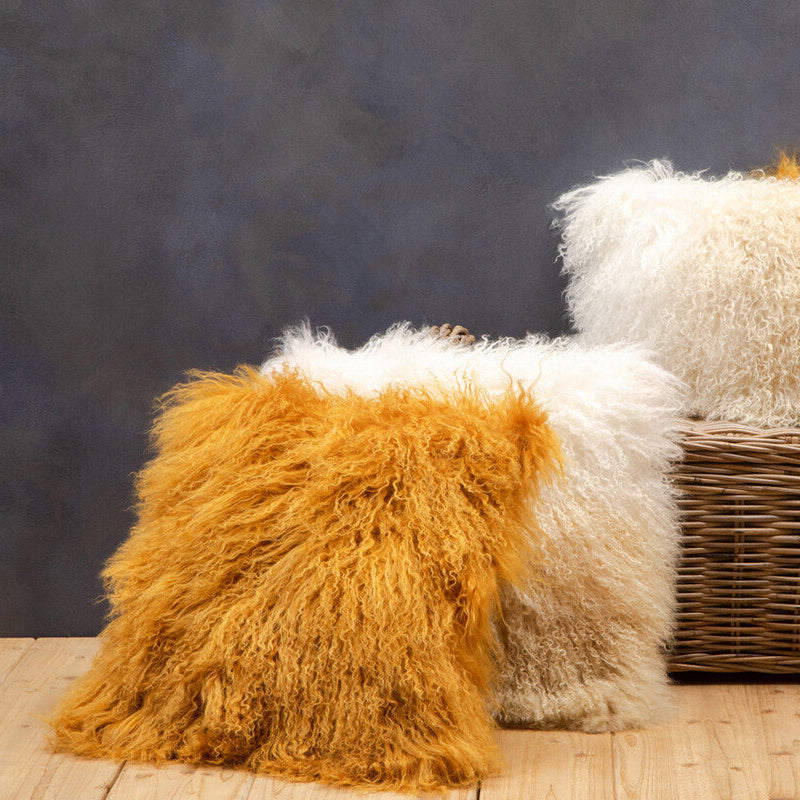 Real Mongolian Fur Ochre Square Cushion