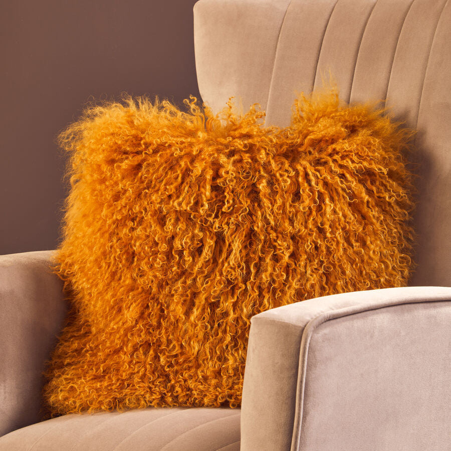 Real Mongolian Fur Ochre Square Cushion