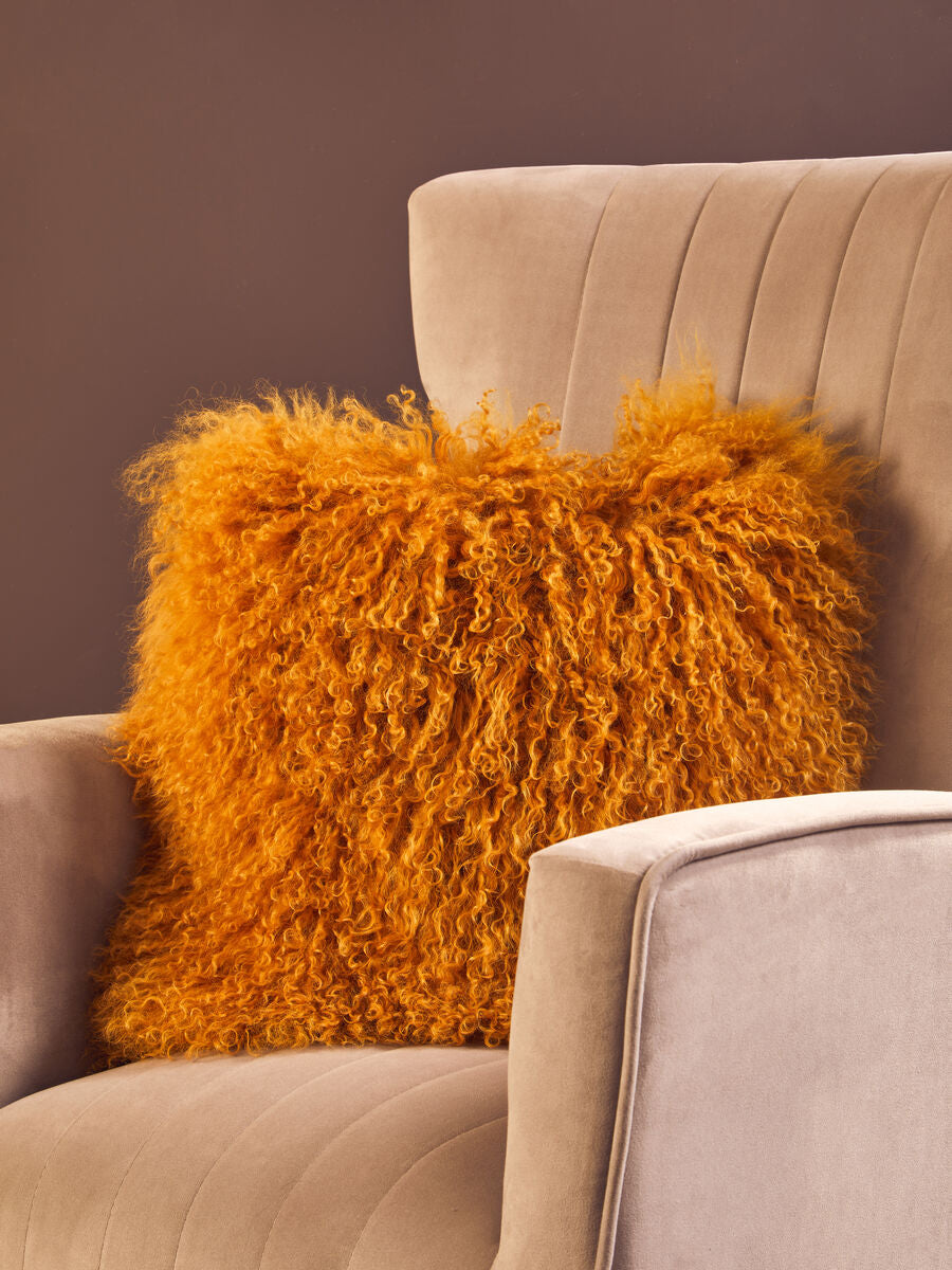 Real Mongolian Fur Ochre Square Cushion