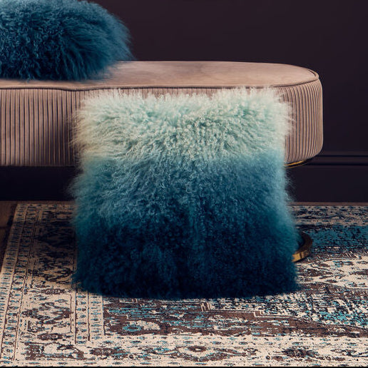 Real Mongolian Fur Blue Ombre Square Cushion
