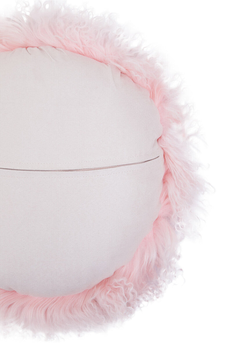 Real Mongolian Fur Pink Round Cushion