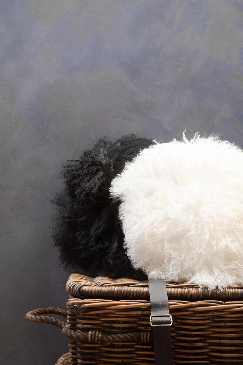 Real Mongolian Fur Black Round Cushion