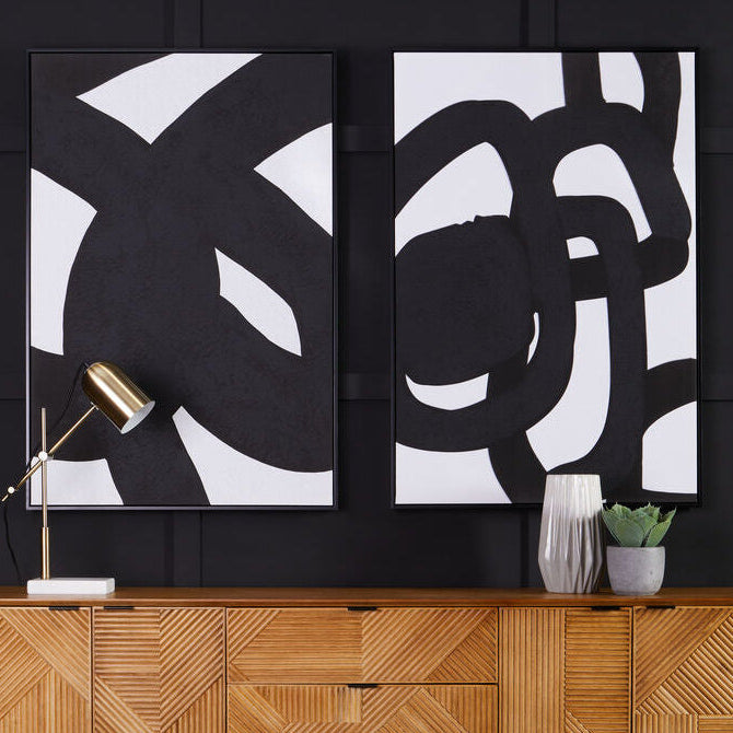 Set of Two Black Circle Abstract Canvas Wall Art