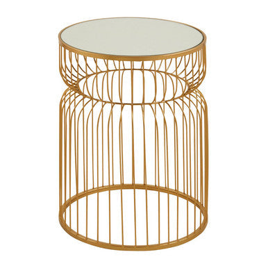 Gold Metal Wireframe Round Side Table with Mirrored Top | Avantis