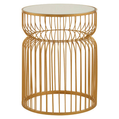 Gold Metal Wireframe Round Side Table with Mirrored Top | Avantis