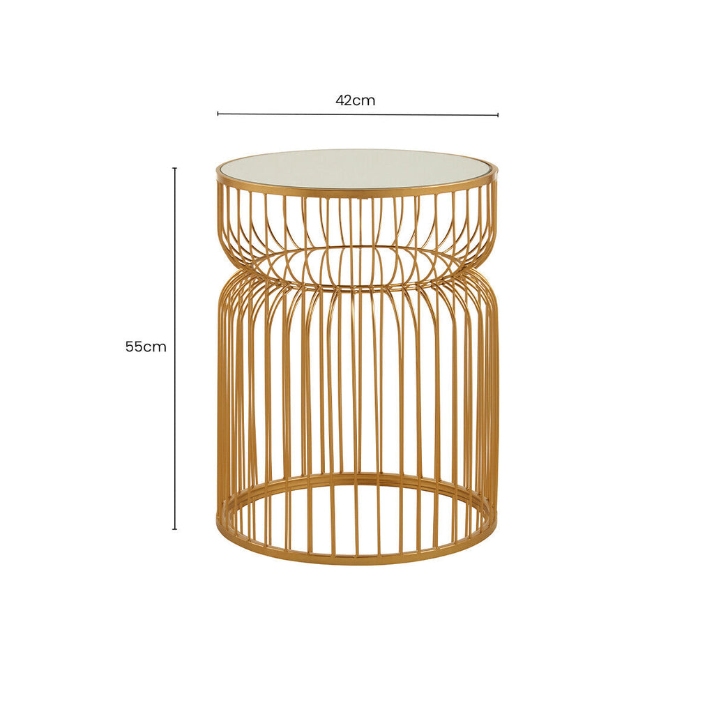 Gold Metal Wireframe Round Side Table with Mirrored Top | Avantis