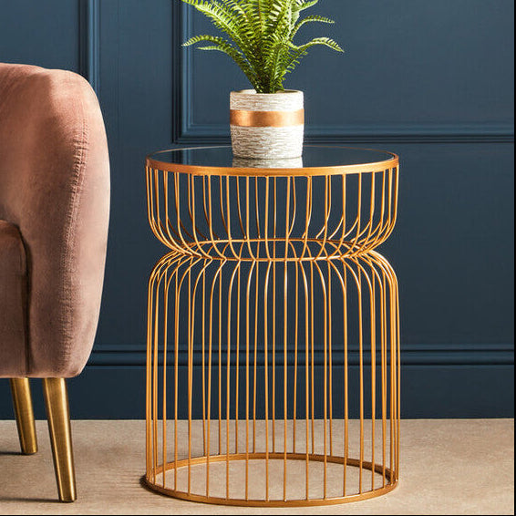 Gold Metal Wireframe Round Side Table with Mirrored Top | Avantis