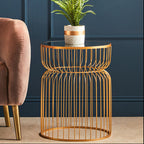 Gold Metal Wireframe Round Side Table with Mirrored Top | Avantis