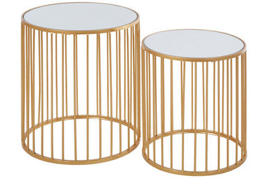 Set of 2 Mirror Top Round Side Tables with Gold Frame