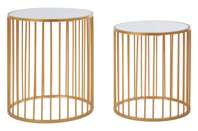 Set of 2 Mirror Top Round Side Tables with Gold Frame
