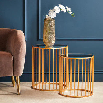 Set of 2 Mirror Top Round Side Tables with Gold Frame